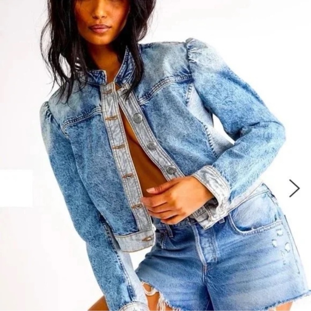 NWT Free People Aubrey Denim Jacket Puff Sleeve Sz M